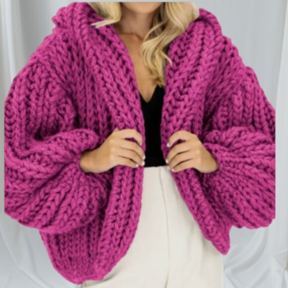 Hooded Chunky Cardigan - Fuchsia Knitted Cardigan Sweater Hooded Open Front - Picture 1 of 7